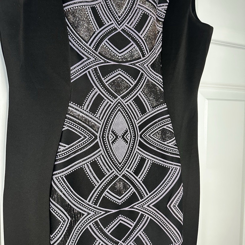 Melrose Social Women Black Silver Glitter Geometric Sheath Dress Size 14 Cap Sle - Picture 7 of 10